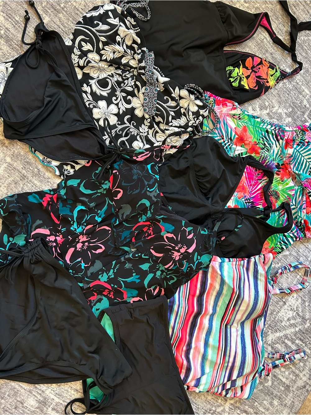 Multiples Women Swimwear Set in Black with Multicolor Floral & Stripe Prints
